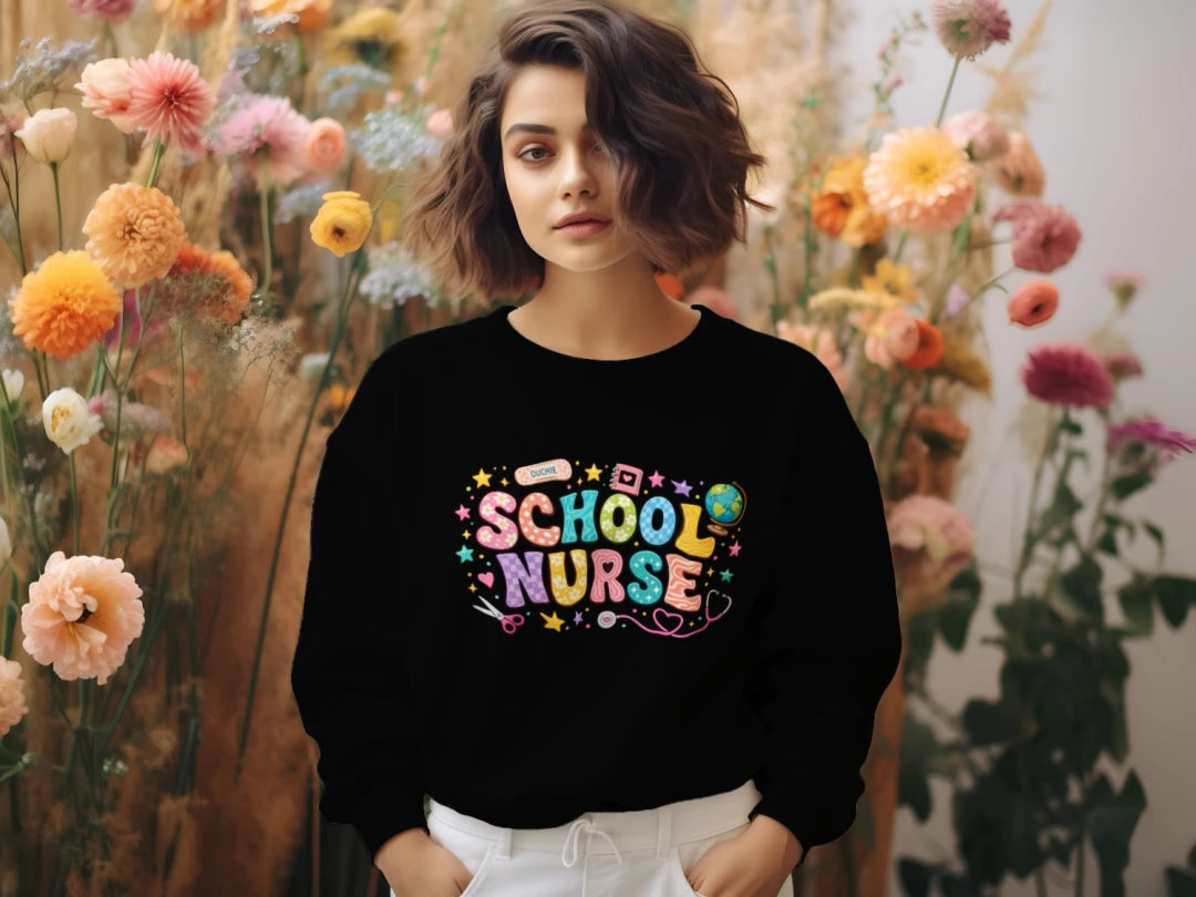 Colorful School Nurse Doodle Crewneck Sweatshirt